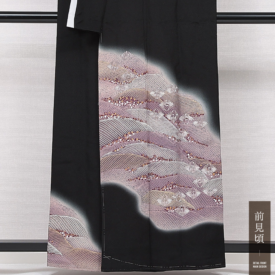 黒留袖 袷 身丈158cm 裄丈62cm 五つ紋 桔梗 フォーマル Aランク Mサイズ 正絹 比翼仕立て 広衿 鳥 風景柄 1211-F0636