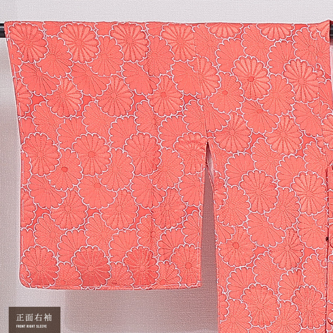 道行コート 袷 身丈86cm 裄丈64cm 正絹 Sランク セミフォーマル Mサイズ ポケットあり 菊 古典的 鮮やか 朱系 HP 1237-16161