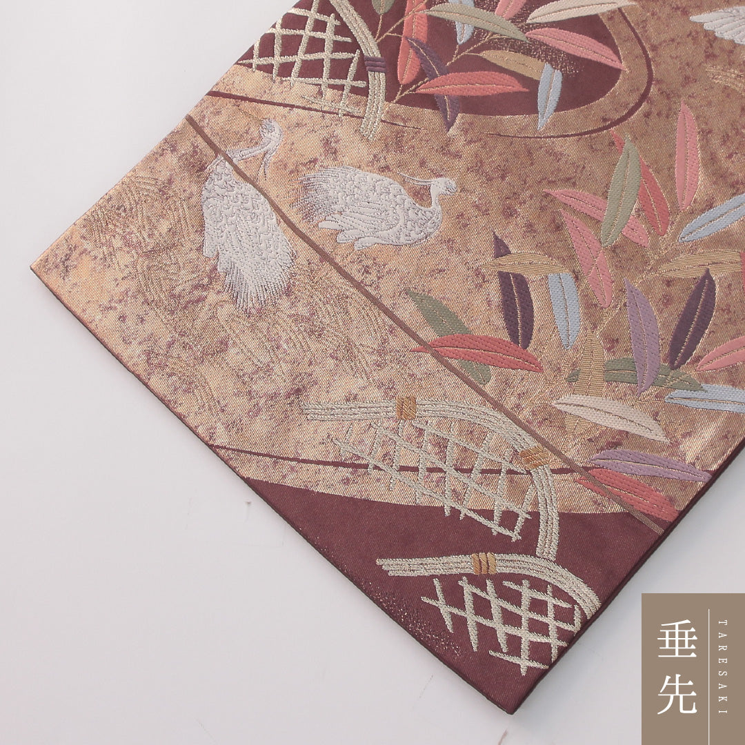 袋帯 帯丈432cm 正絹 六通 フォーマル 鷺 流水 茶系 赤系 1243-02298