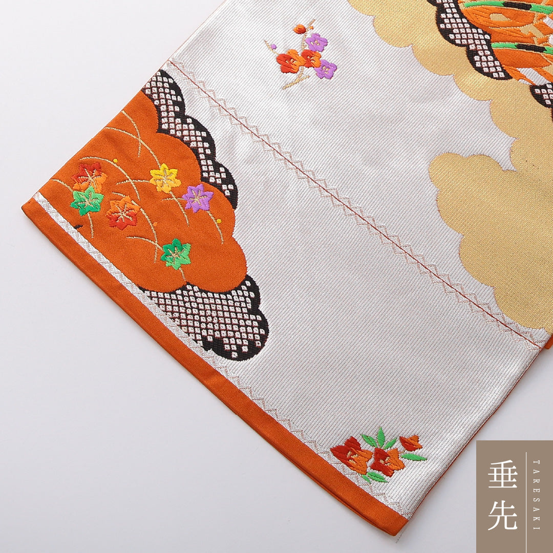 袋帯 帯丈436cm フォーマル 六通 Sランク 正絹 唐織 御所車 朱系 1223-02079