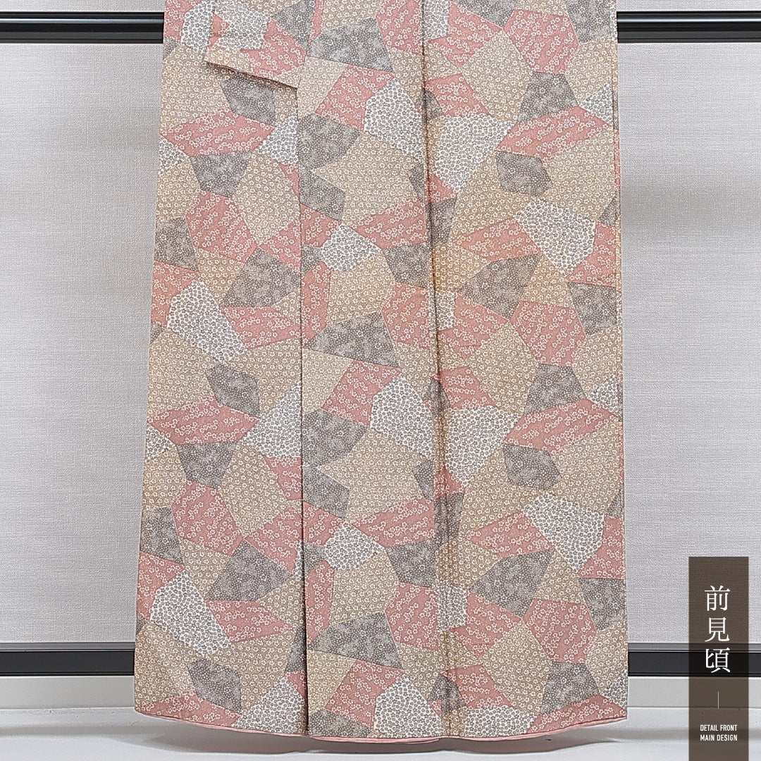 小紋 洗える着物 袷 身丈159cm 裄丈63cm ポリエステル Cランク Mサイズ 広衿 インフォーマル 寄せ柄 桜 多色系 1215-16098