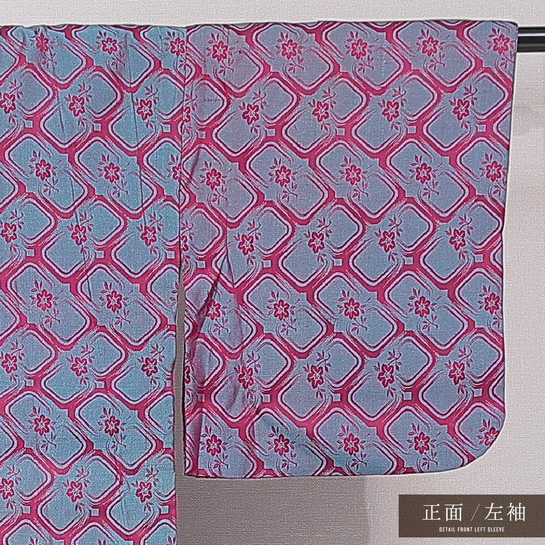 アンティーク お召 袷 身丈155cm 裄丈60cm 正絹 Bランク バチ衿 Mサイズ 花柄 緑系 RP 1222-15192