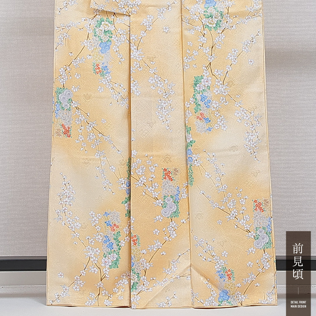 洗える着物 小紋 袷 身丈163cm 裄丈64cm ポリエステル Sランク インフォーマル 広衿 Lサイズ 牡丹 桜 黄系 RP 1221-16327