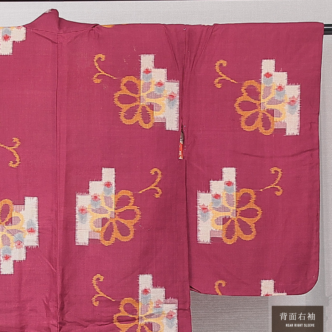 アンティーク 羽織(銘仙) 袷 身丈97cm 裄丈63cm 正絹 Aランク Sサイズ バチ衿 紐あり 菊 紫系 赤系 1217-15178