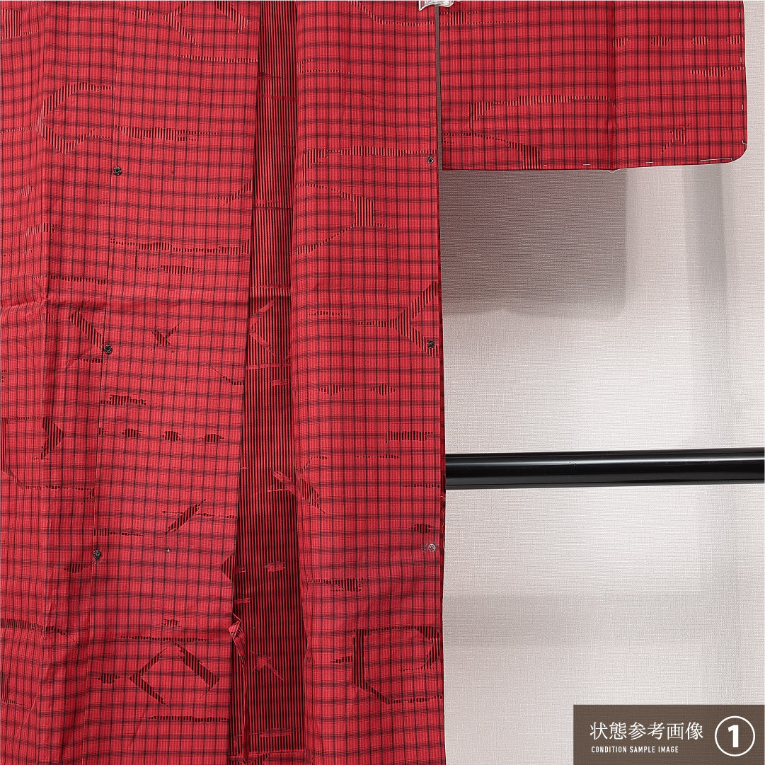 道行コート 単衣 身丈121cm 裄丈61cm 正絹 Dランク セミフォーマル Sサイズ ポケットあり 格子 赤系 HP 1237-15294