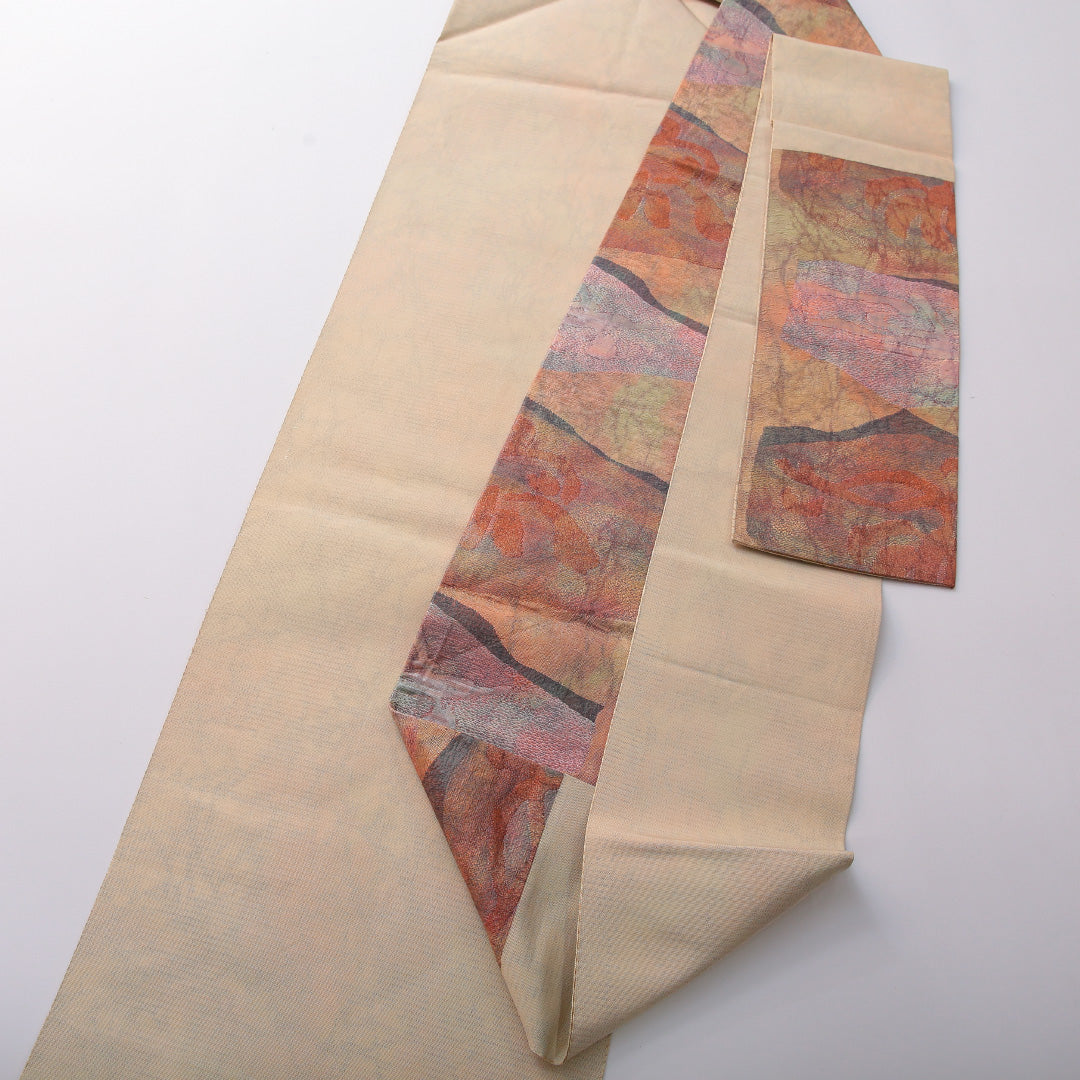 八寸名古屋帯 帯丈358cm カジュアル 名古屋仕立て 六通 帯芯なし Sランク 正絹 創作柄 ベージュ系 1224-03497