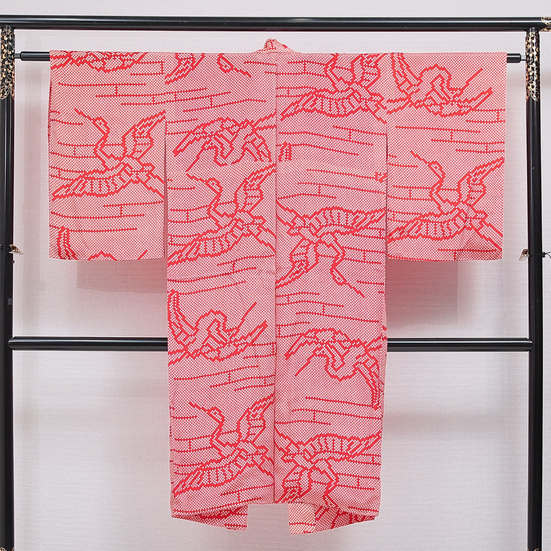 アンティーク 羽織 袷 身丈124cm 裄丈61cm 正絹 Aランク Sサイズ 鹿の子 鶴 赤系 1217-16186