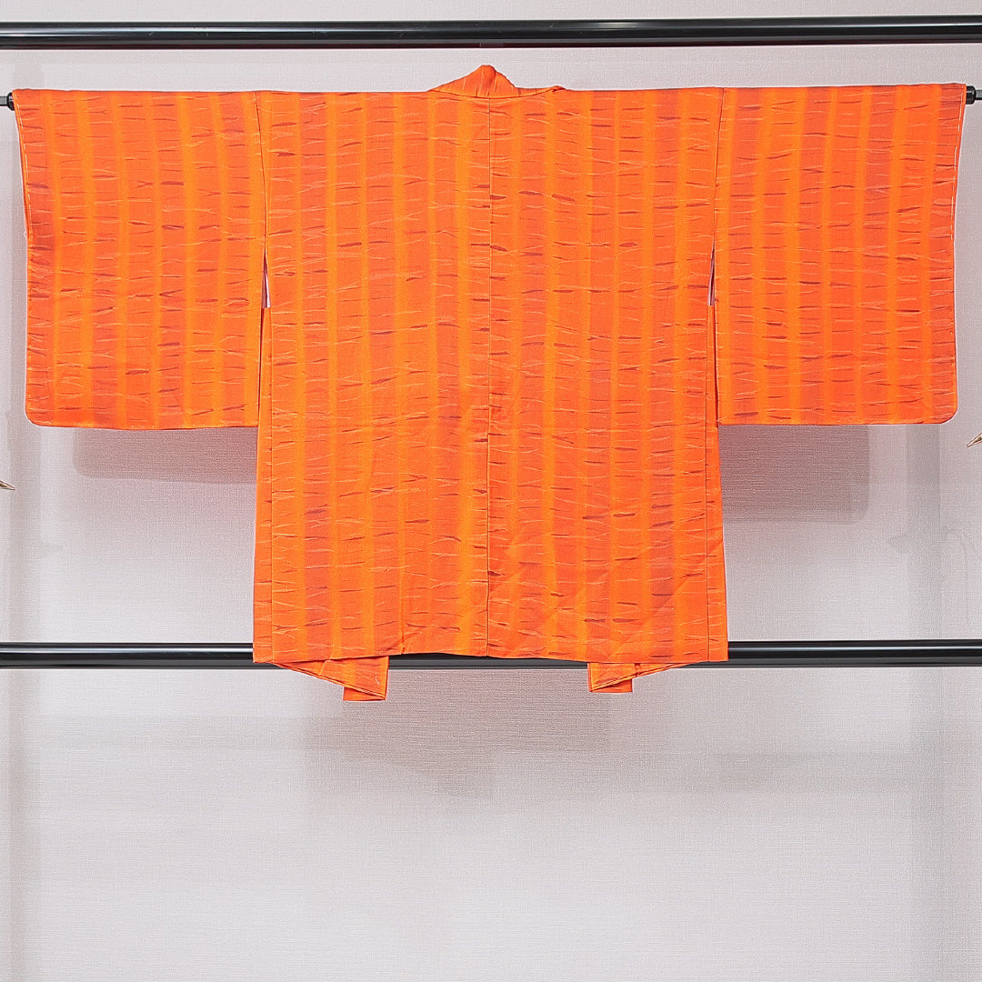 羽織 袷 身丈78cm 裄丈65cm 正絹 Sランク Mサイズ カジュアル 縞 朱系 1217-15120