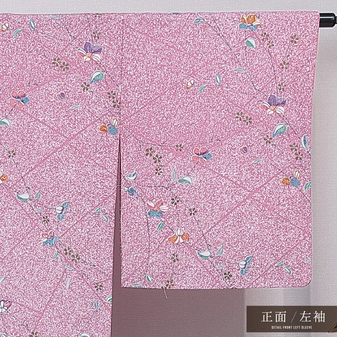 小紋 洗える着物 袷 身丈163cm 裄丈66cm ポリエステル Aランク Lサイズ 広衿 インフォーマル 桜 ピンク系 1215-15795