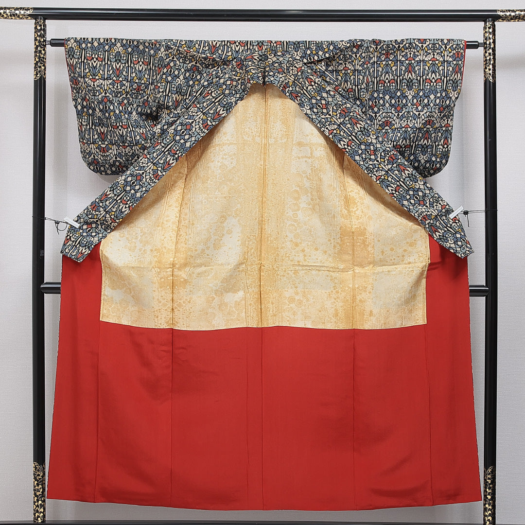 アンティーク お召 袷 身丈155cm 裄丈62cm 正絹 Cランク Mサイズ 広衿 創作柄 多色系 1265-16042
