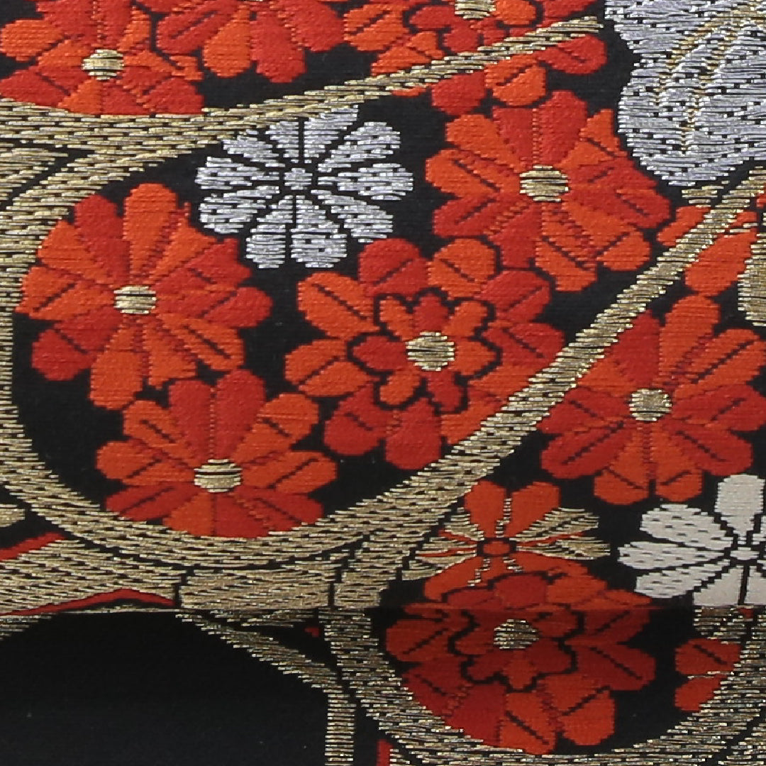 袋帯 帯丈400cm 正絹 六通 未仕立て フォーマル 亀甲 菊 古典柄 桐 黒系 1243-02179