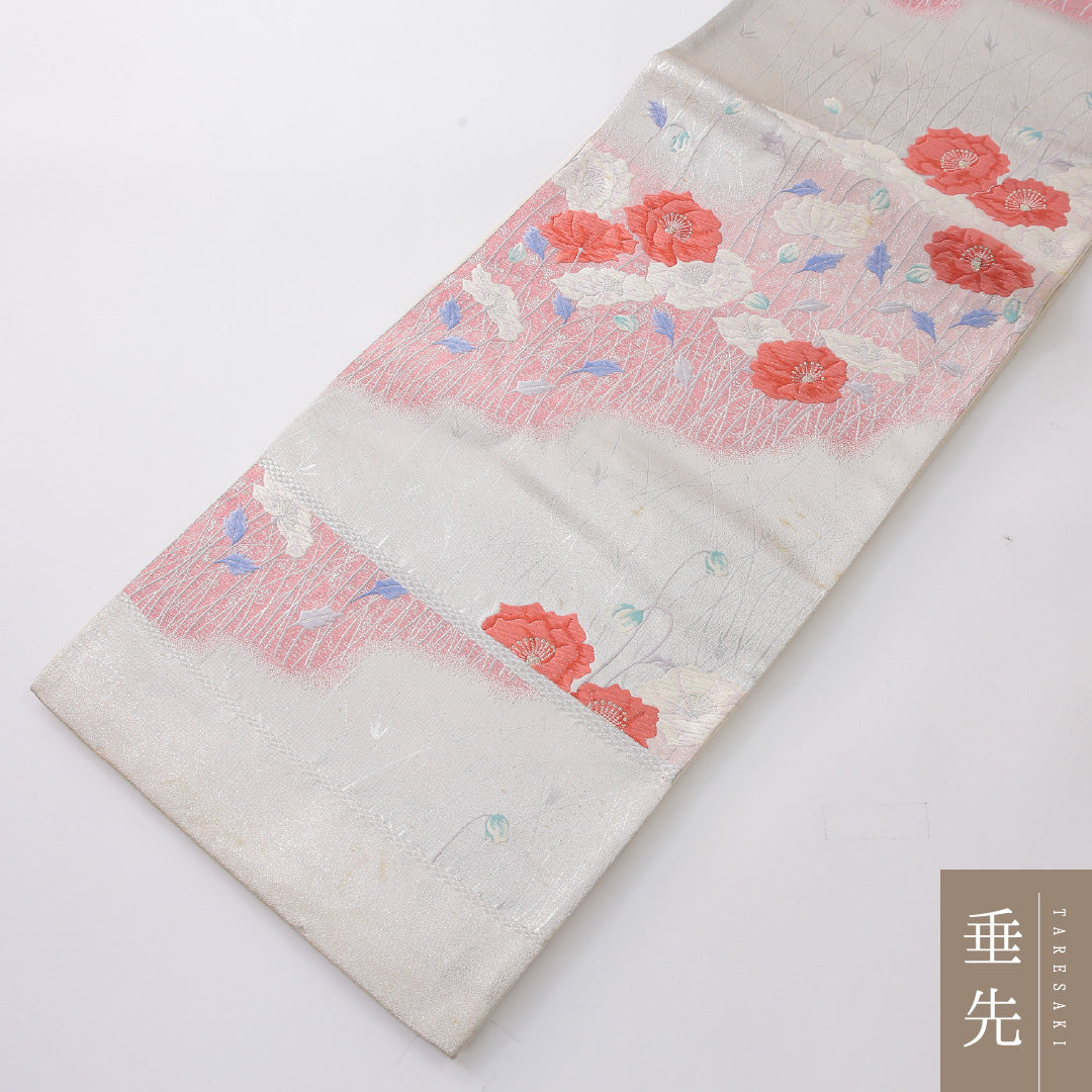 袋帯 帯丈436cm セミフォーマル 六通 帯芯なし Cランク 正絹 花柄 銀系 1223-02238