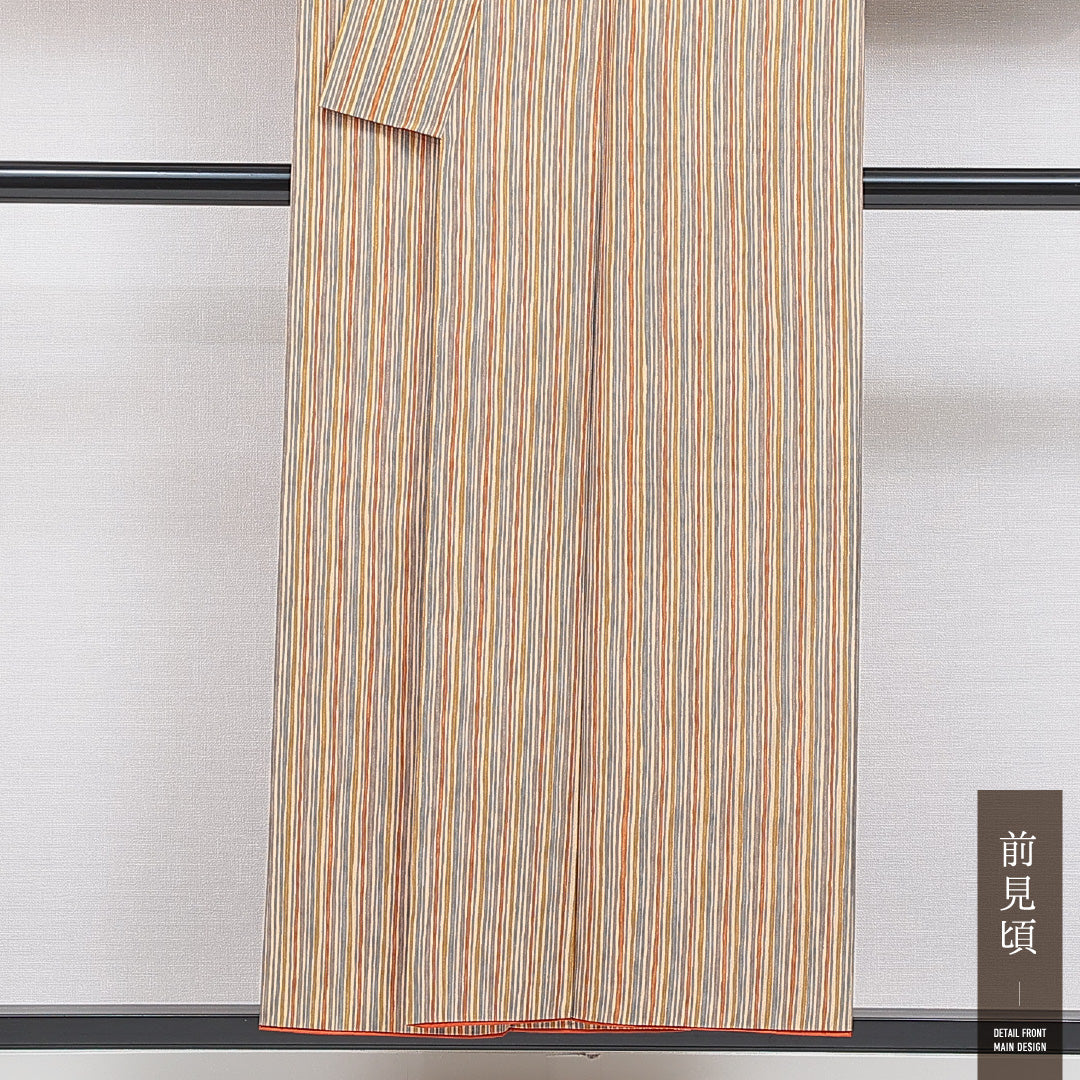 洗える着物 小紋 袷 身丈151cm 裄丈63cm ポリエステル Cランク インフォーマル 広衿 Sサイズ 縞 多色系 LP 1221-16440
