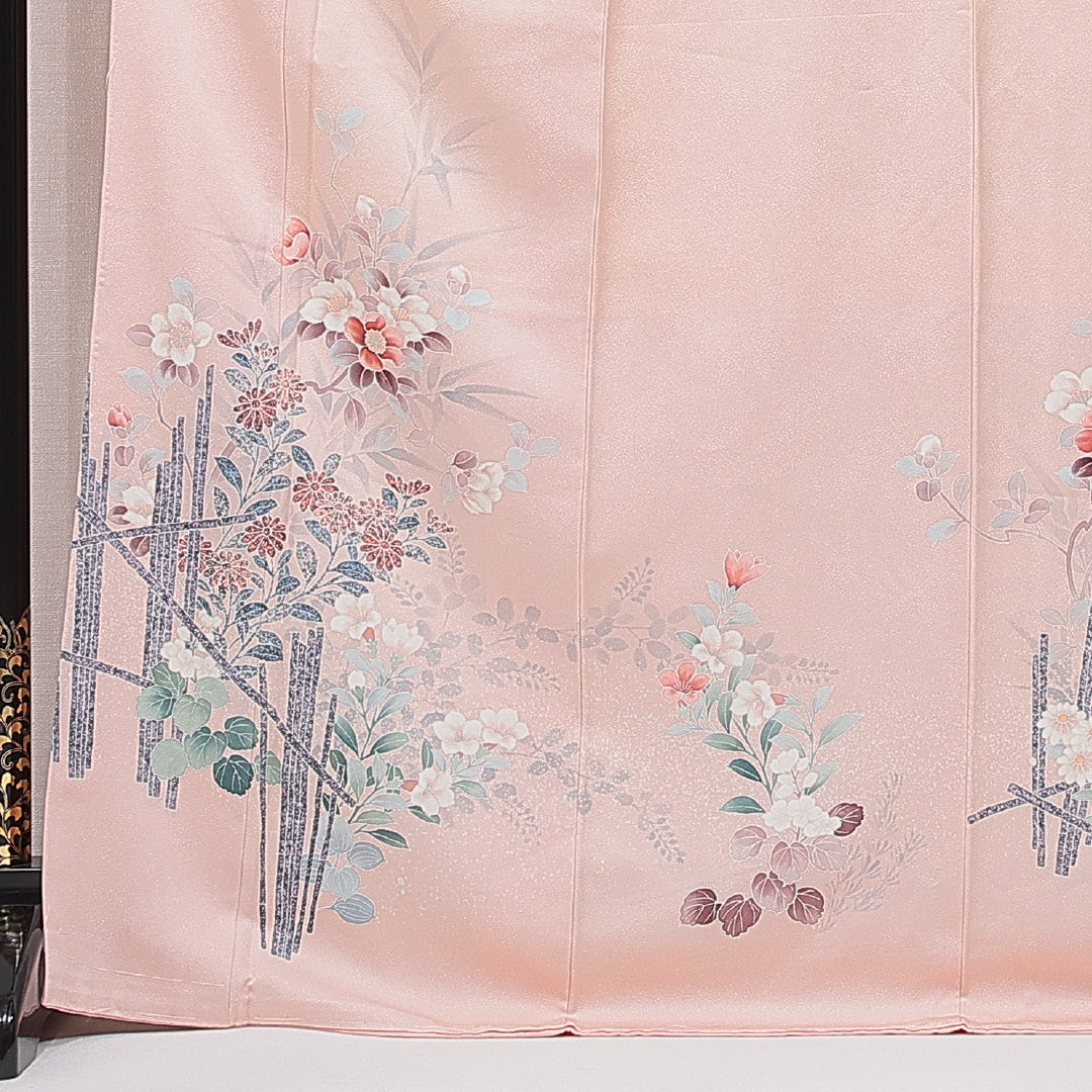 未使用品 訪問着 袷 身丈172cm 裄丈64cm 正絹 Nランク セミフォーマル 広衿 2XLサイズ 牡丹 可憐 落ち着き ピンク系 M4 1217-15358