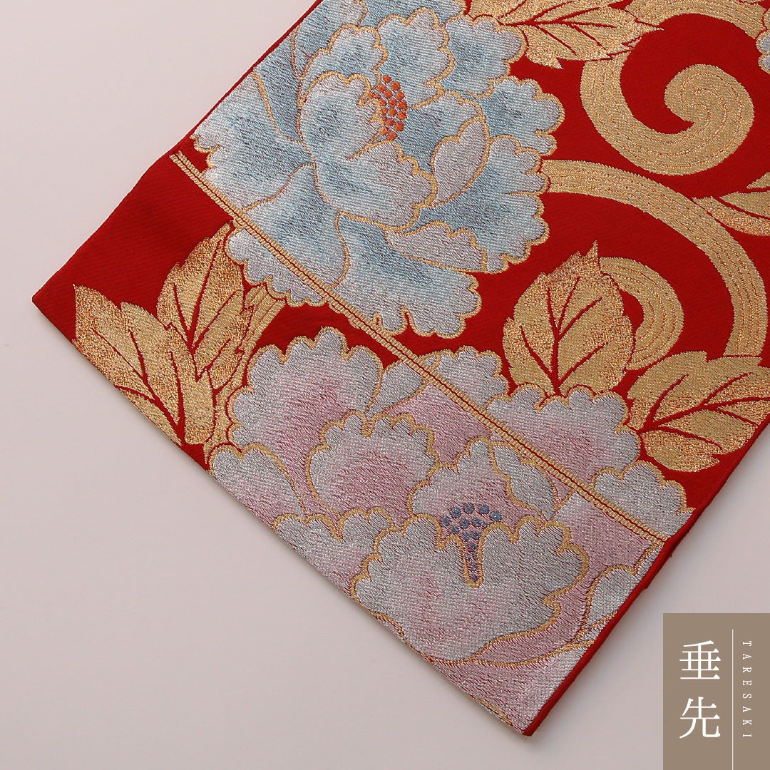 アンティーク 袋帯 帯丈424cm 六通 Aランク 正絹 唐草牡丹 赤系 金系 1223-01918