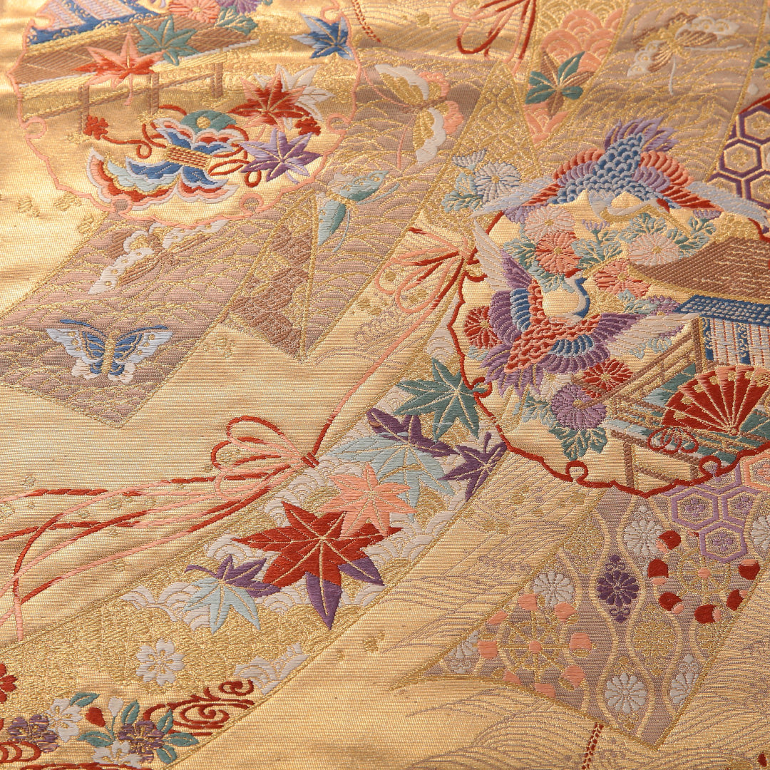 袋帯 帯丈430cm 正絹 六通 フォーマル 熨斗 雪輪 吉祥文様 金系 1243-02054