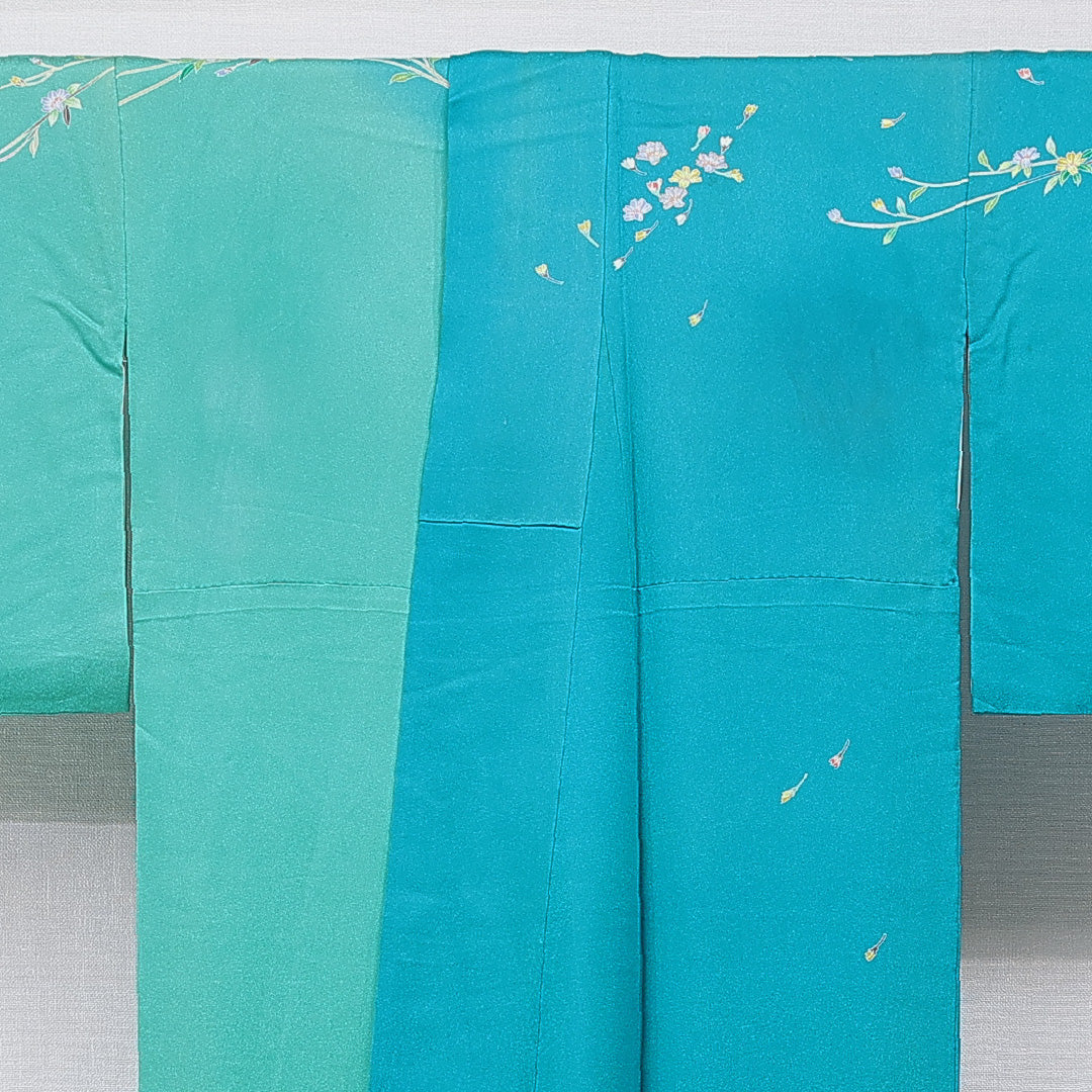 訪問着 洗える着物 袷 身丈163cm 裄丈67cm ポリエステル Cランク Lサイズ 広衿 セミフォーマル 牡丹 青系 緑系 1212-15678