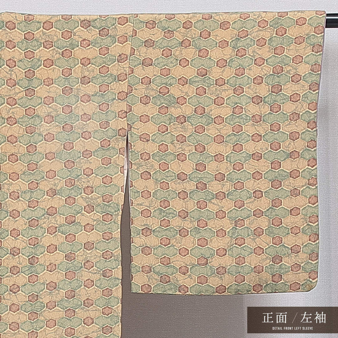 小紋 袷 身丈162cm 裄丈64cm 正絹 Cランク インフォーマル 広衿 Lサイズ 亀甲 クリーム系 LP 1221-15925