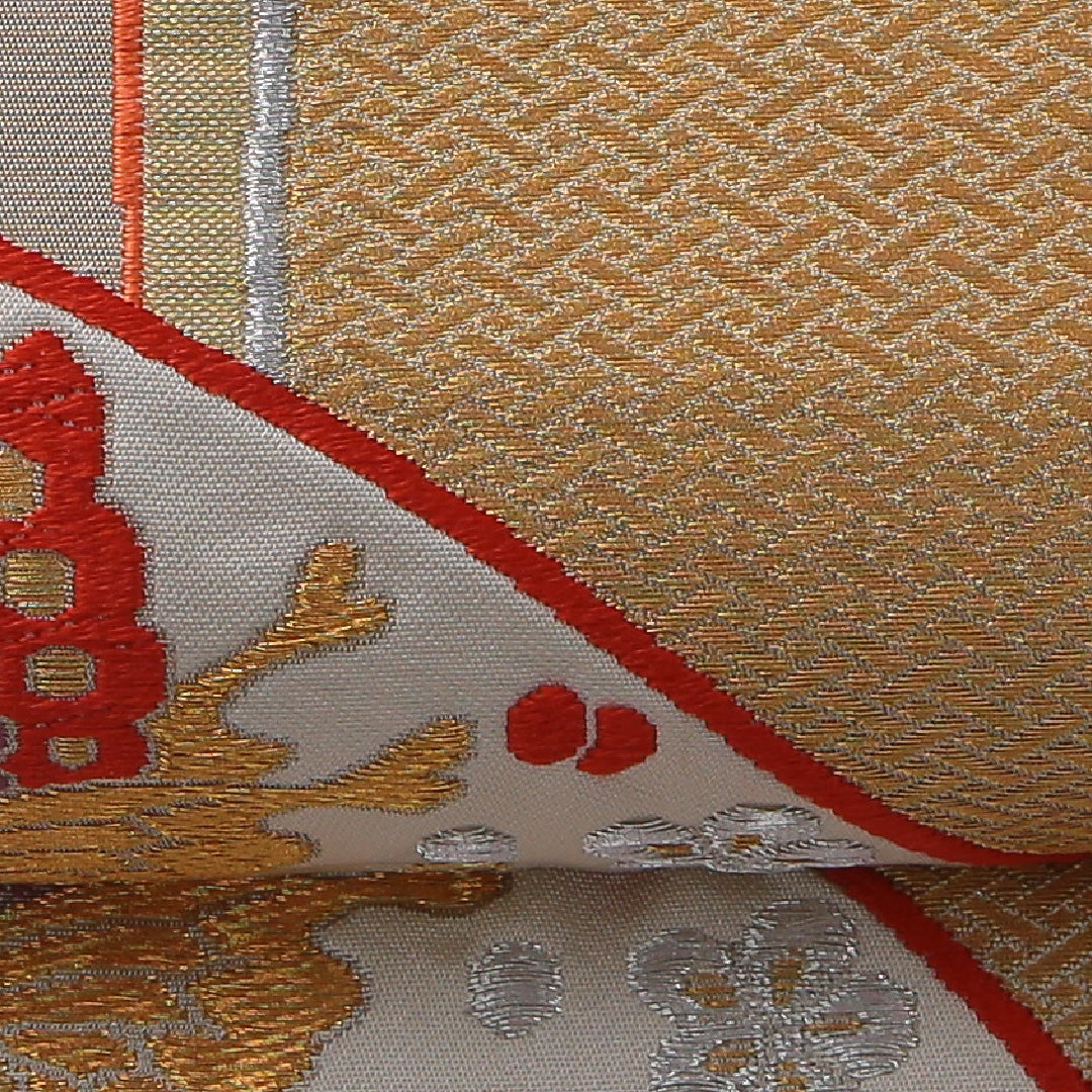 袋帯 帯丈428cm 正絹 六通 フォーマル 扇面文 鳳凰 金系 1243-01935