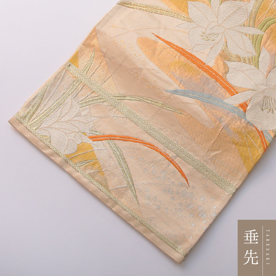 袋帯 帯丈428cm フォーマル 六通 Aランク 正絹 水仙 クリーム系 1223-01978