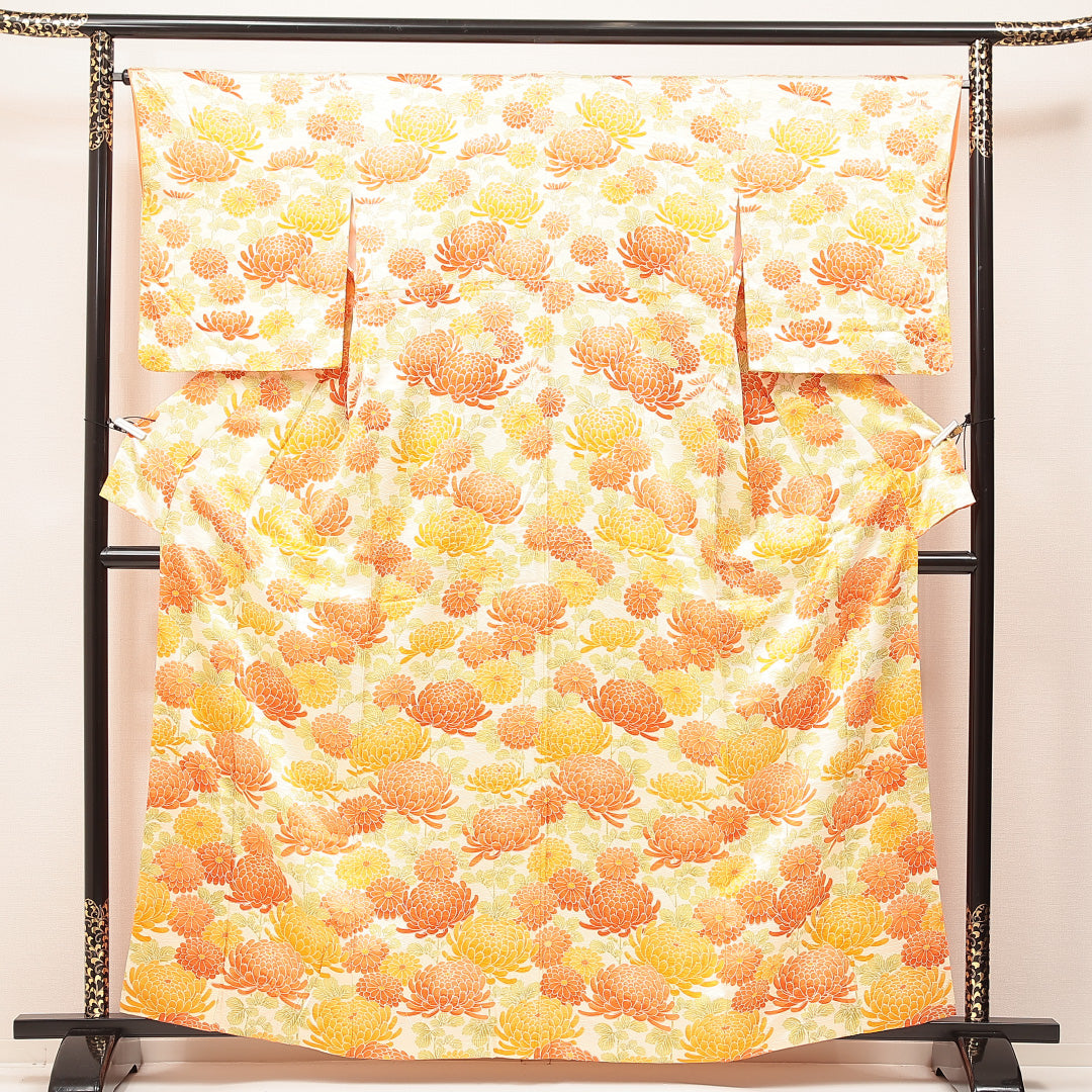 付下げ 洗える着物 袷 身丈161cm 裄丈65cm ポリエステル Aランク Lサイズ 広衿 インフォーマル 菊 小紋 クリーム系 1261-16876