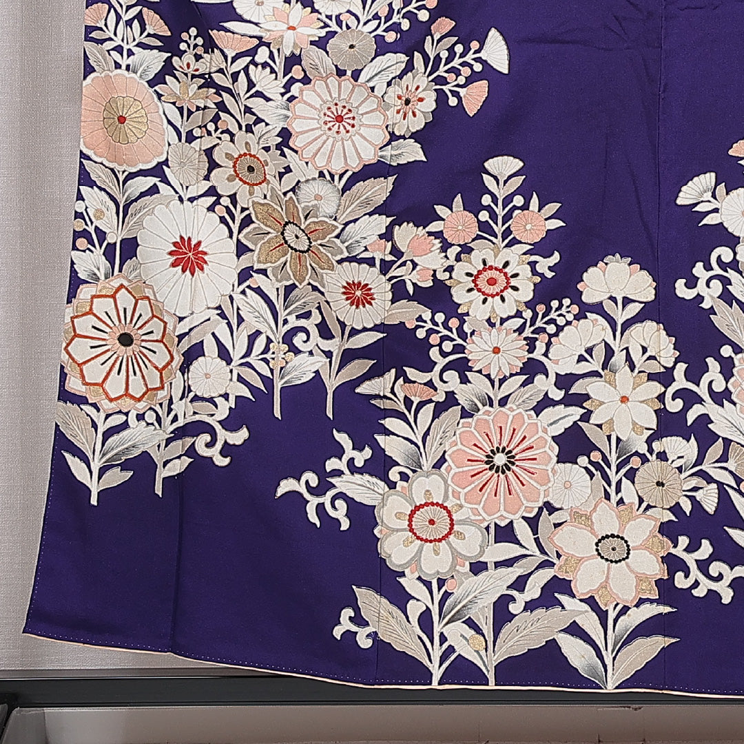 アンティーク 訪問着 袷 身丈156cm 裄丈61cm 正絹 Bランク Mサイズ 広衿 花柄 金彩 紫系 1212-15973