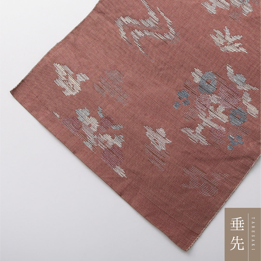 八寸名古屋帯(紬) 帯丈345cm カジュアル 松葉仕立て 六通 Cランク 正絹 創作柄 ピンク系 1224-03713