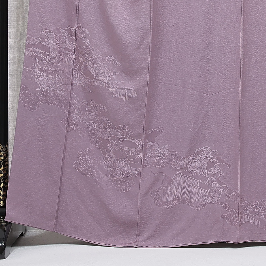 色無地 袷 身丈164cm 裄丈64cm 正絹 Aランク Lサイズ 広衿 一つ紋(五三桐) セミフォーマル 松 訪問着 紫系 1214-15667