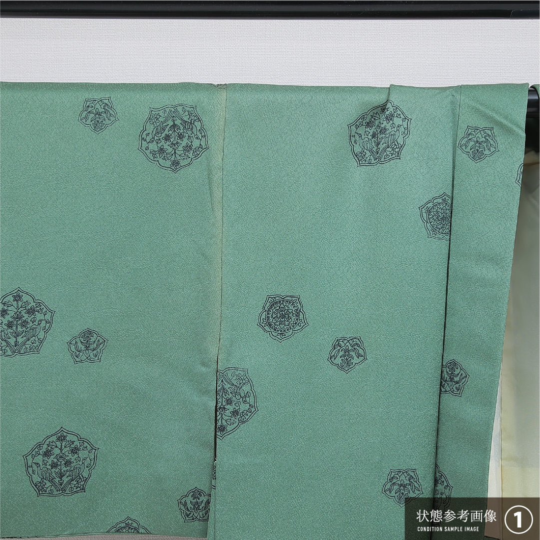 羽織 袷 身丈73cm 裄丈61cm 正絹 Bランク カジュアル Sサイズ 紐あり 鏡裏文 緑系 RP 1232-16119