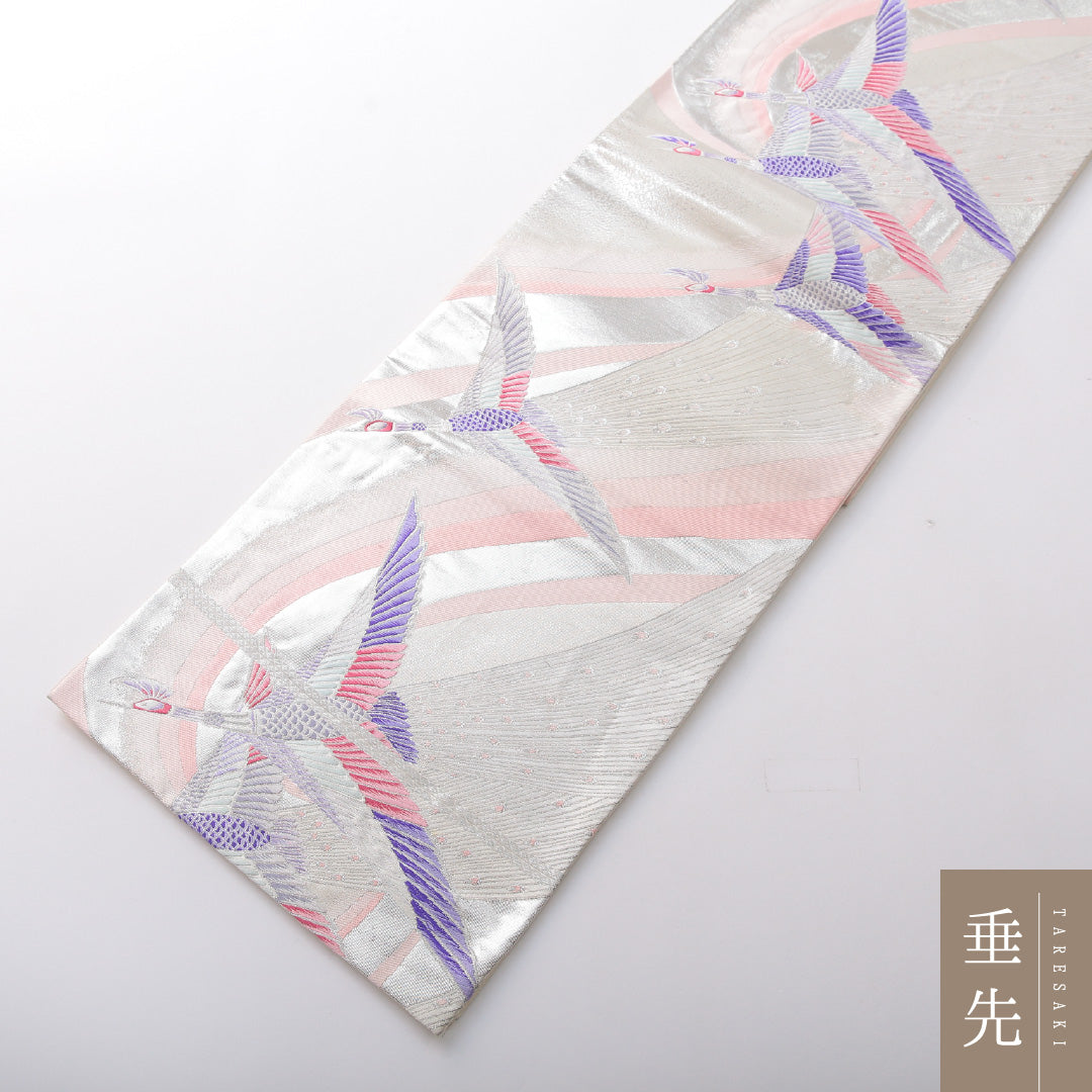 振袖用 袋帯 帯丈436cm 六通 Aランク 正絹 千鳥 クリーム系 銀系 1223-02077