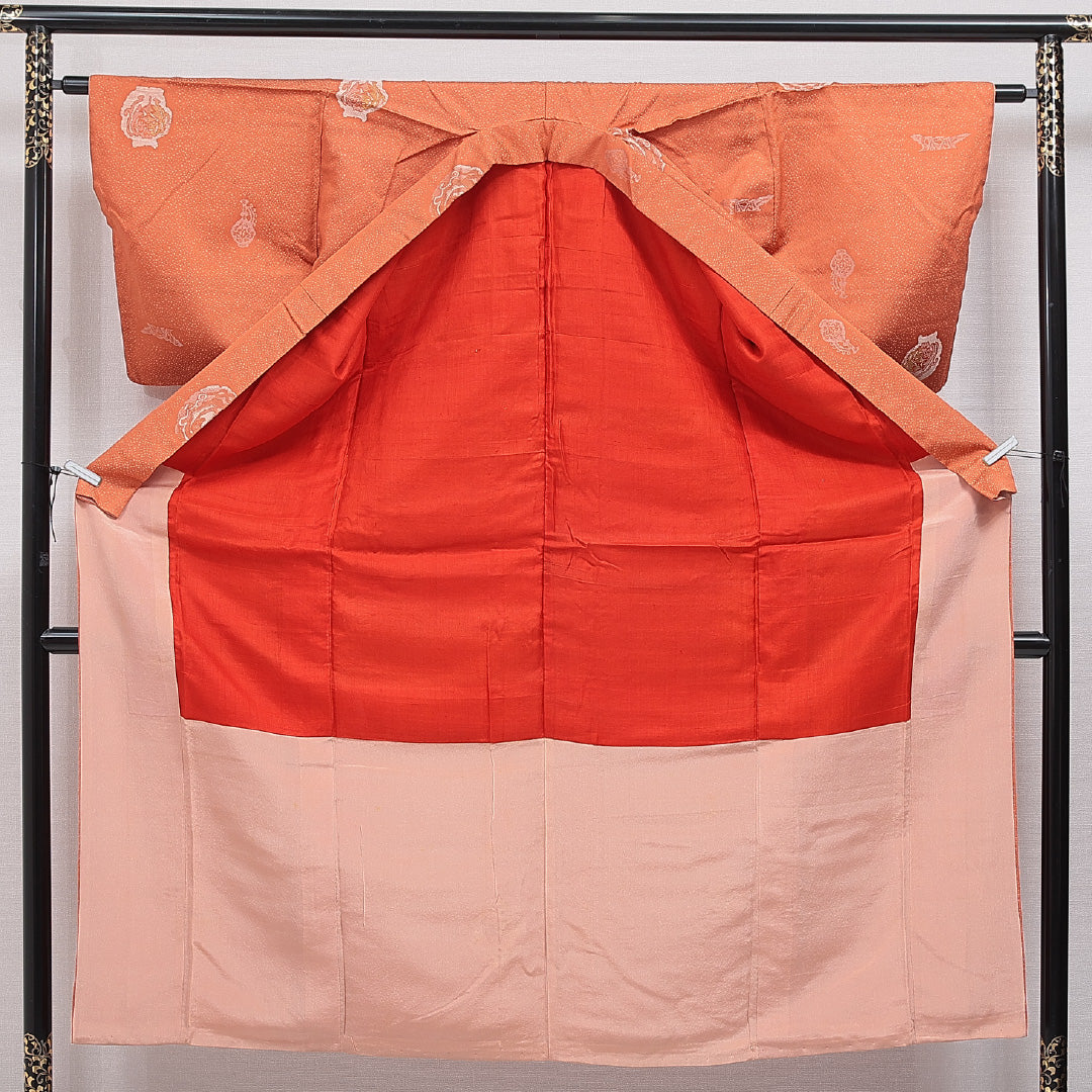 アンティーク お召 袷 身丈146cm 裄丈62cm 正絹 Aランク XSサイズ バチ衿 創作柄 朱系 1265-15974