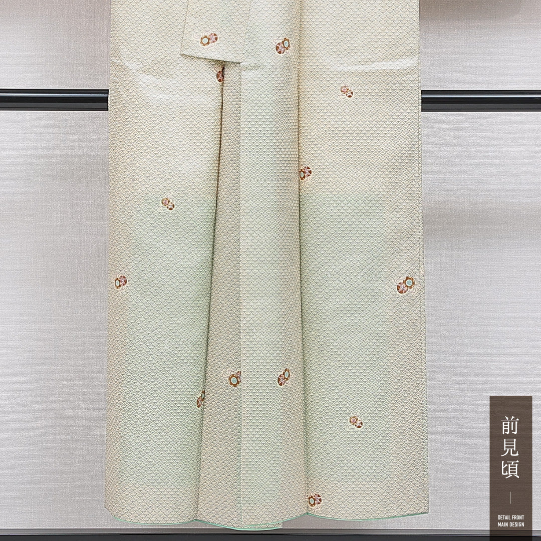 小紋 洗える着物 袷 身丈146cm 裄丈62cm ポリエステル Cランク XSサイズ 広衿 インフォーマル 鼓 青海波 緑系 1215-16316