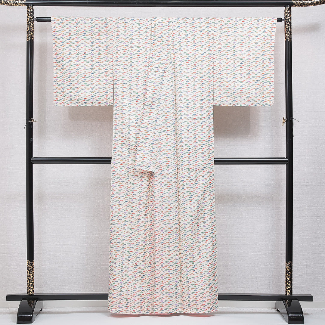 洗える着物 小紋 袷 身丈159cm 裄丈65cm ポリエステル Aランク インフォーマル 広衿 Mサイズ 扇 クリーム系 HP 1221-16303