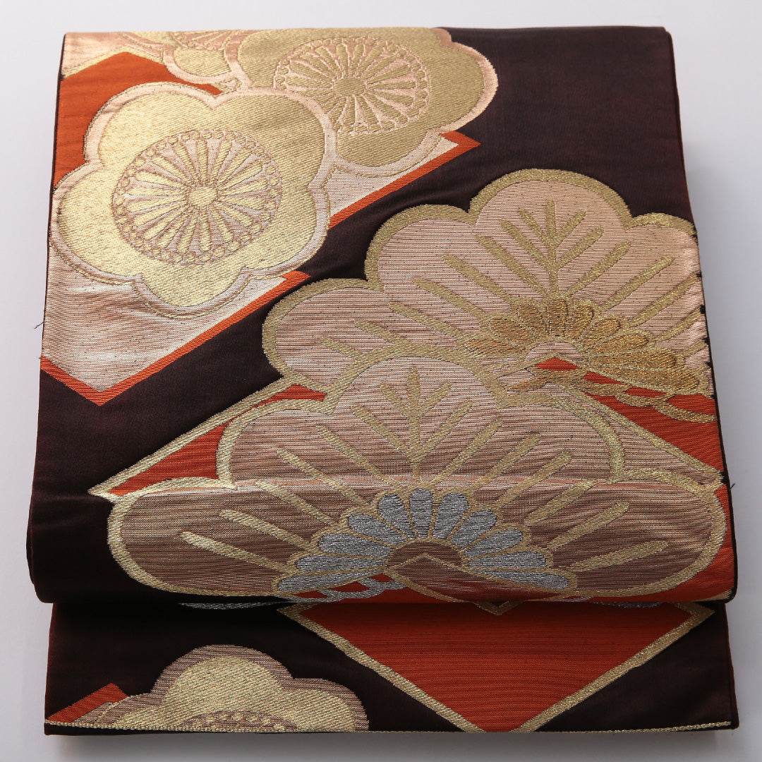 アンティーク 袋帯 帯丈416cm フォーマル 六通 未仕立て 帯芯なし Aランク 正絹 梅 笠松 茶系 1223-01974