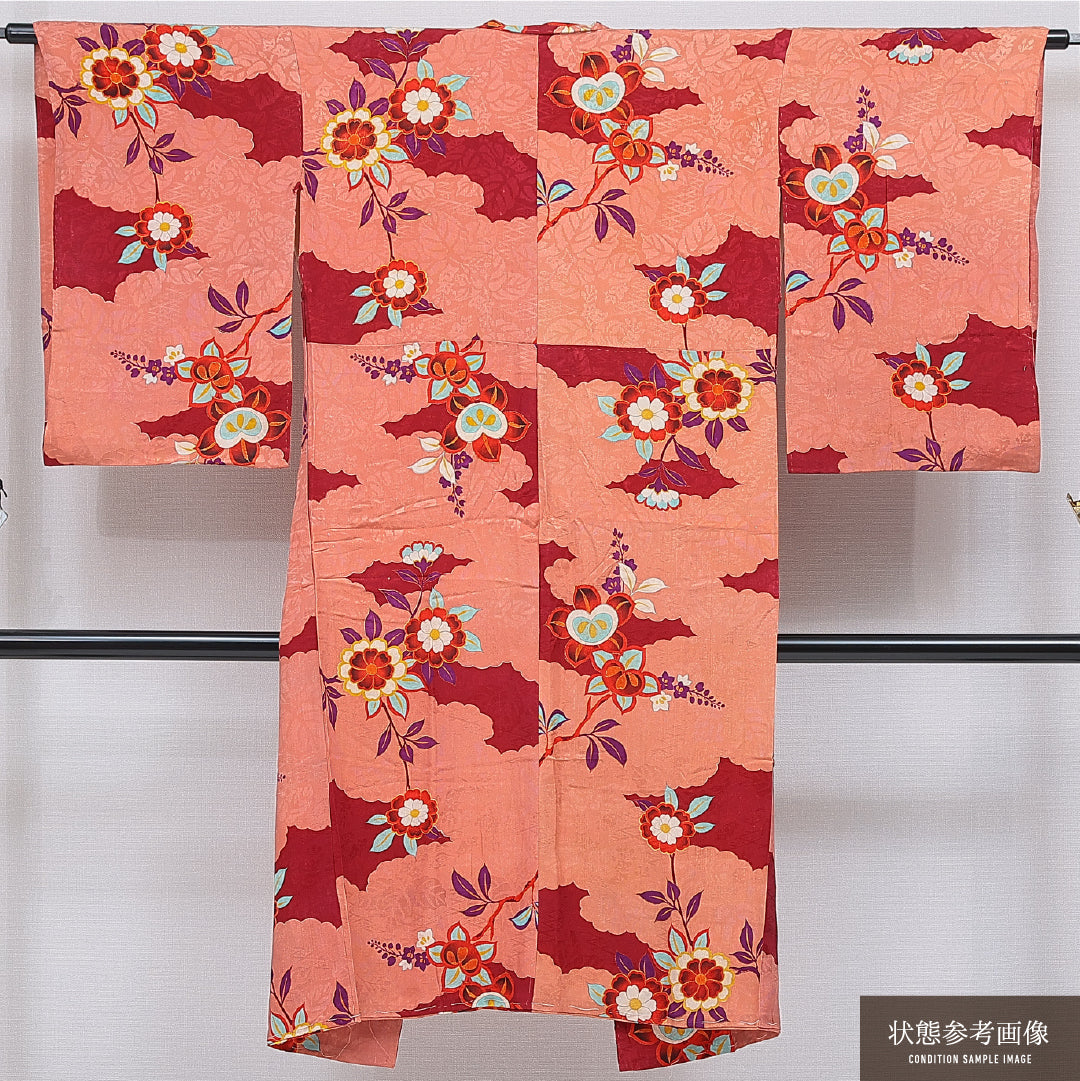 アンティーク 小紋 袷 身丈127cm 裄丈62cm 正絹 Cランク 広衿 XSサイズ 橘 朱系 M4 1221-16744