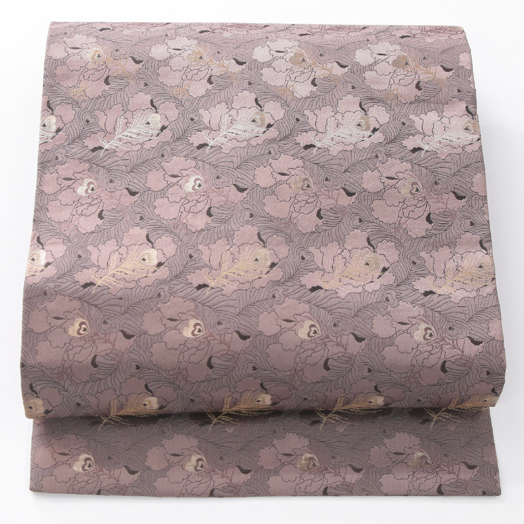 九寸名古屋帯 帯丈393cm インフォーマル 名古屋仕立て 全通 Sランク 正絹 孔雀の羽 紫系 1224-04176