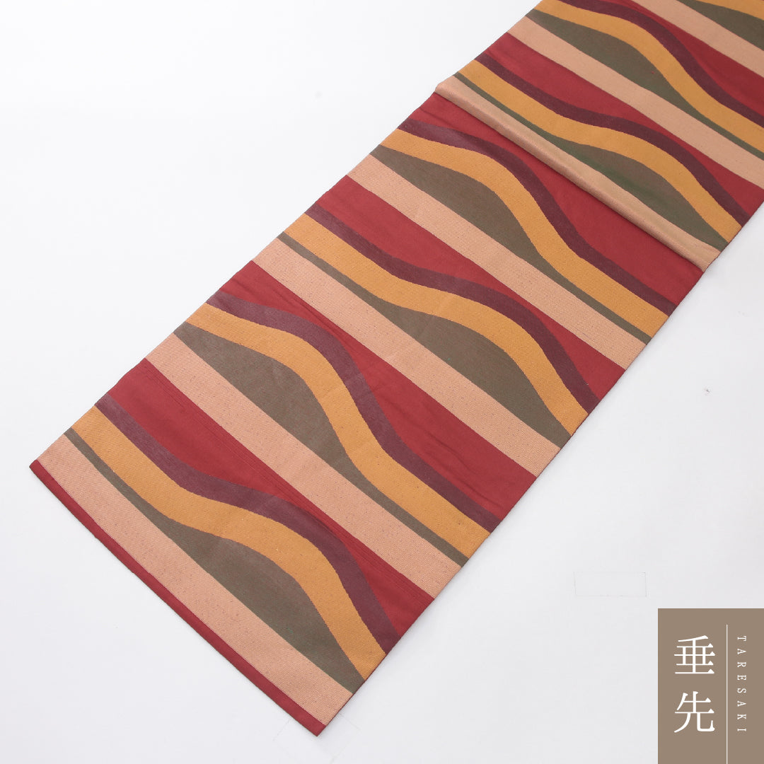 九寸名古屋帯 Aランク 帯丈352cm 正絹 六通 名古屋仕立て 織り カジュアル 創作柄 赤系 RP 1245-04086