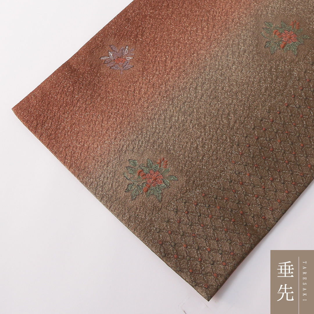 袋帯 帯丈432cm セミフォーマル 六通 Sランク 正絹 ふくれ織 椿 茶系 緑系 1223-01769