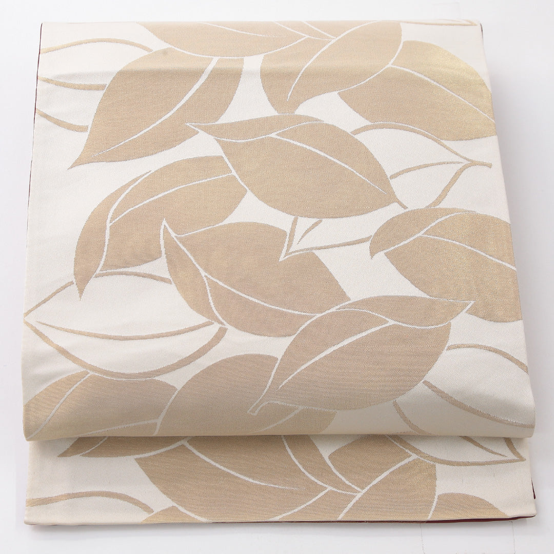 袋帯 帯丈424cm セミフォーマル 全通 リバーシブル 帯芯なし Sランク 正絹 植物柄 クリーム系 赤系 1223-02241