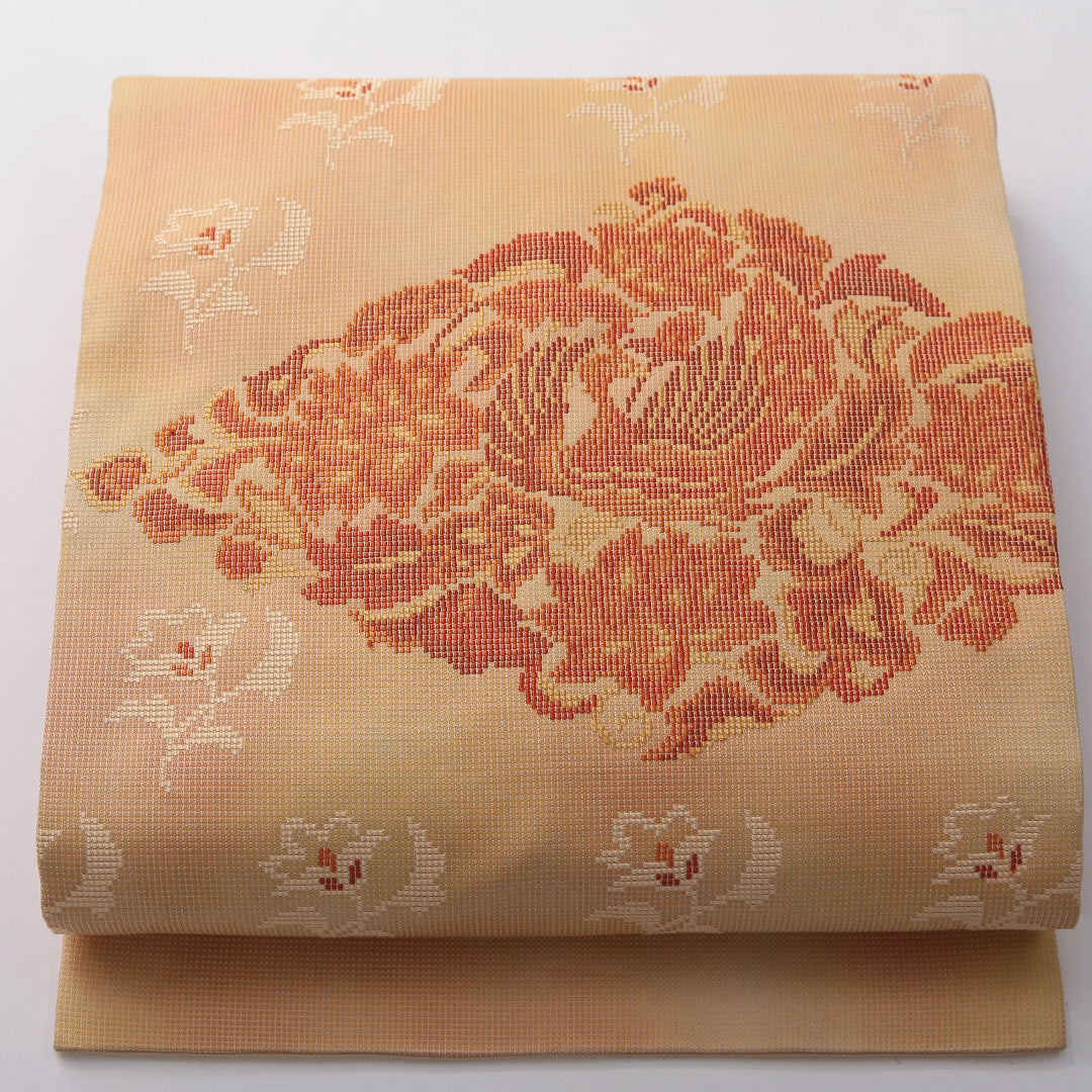 九寸名古屋帯 帯丈359cm カジュアル 名古屋仕立て ポイント柄 Dランク 正絹 鳥 ベージュ系 黄系 1224-03579