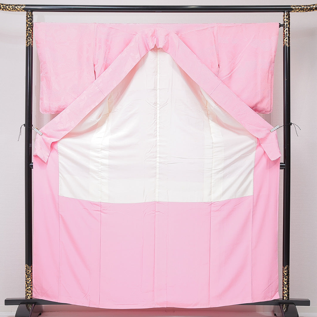 色無地 袷 身丈163cm 裄丈65cm 正絹 Aランク Lサイズ 広衿 インフォーマル 紋意匠 市松 無地 ピンク系 1214-15115