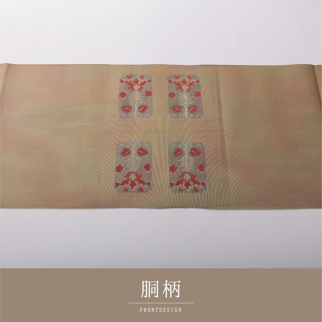 八寸名古屋帯 帯丈356cm セミフォーマル 開き仕立て ポイント柄 帯芯なし Cランク 正絹 花柄 ベージュ系 1224-03506