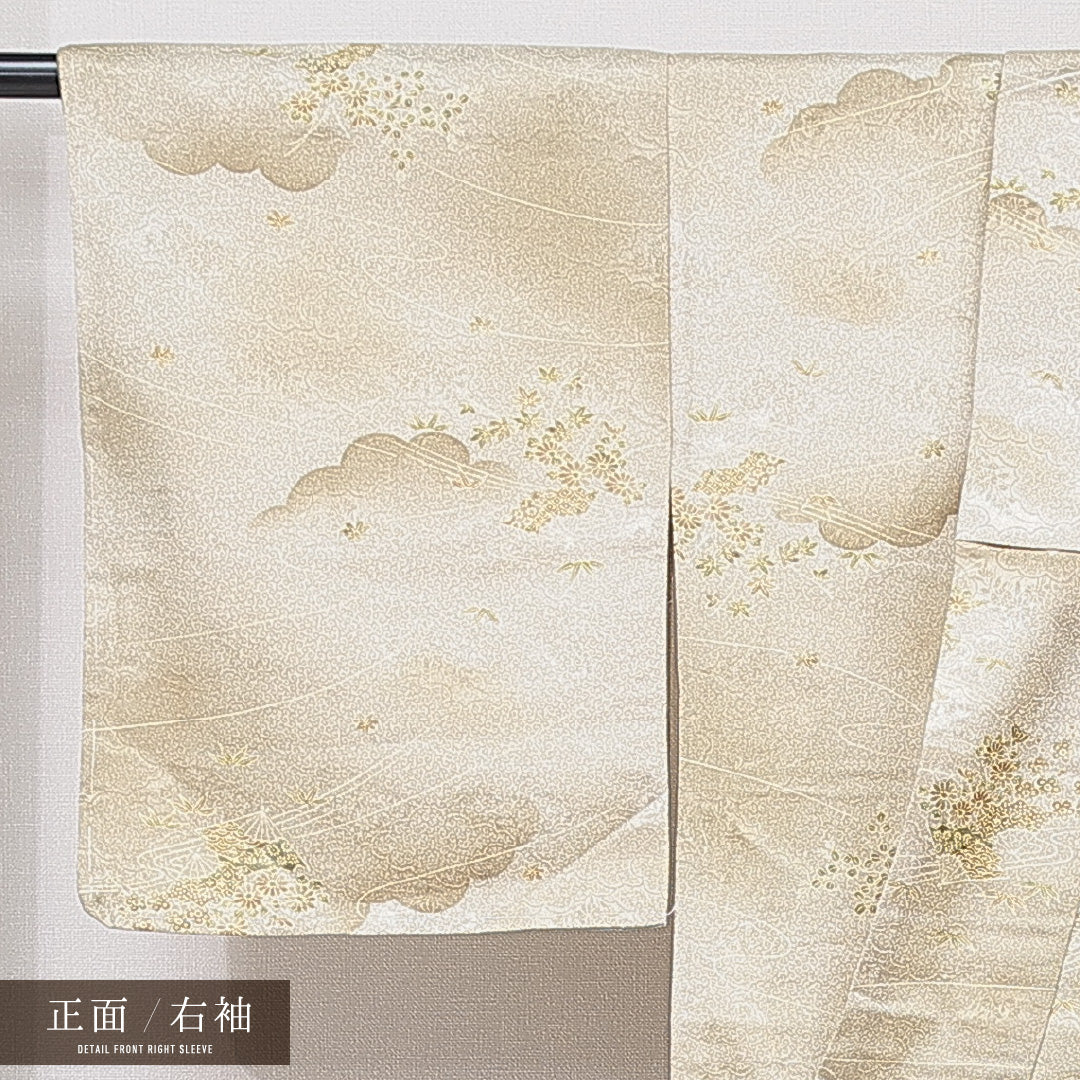 洗える着物 小紋 袷 身丈156cm 裄丈62cm ポリエステル Sランク インフォーマル 広衿 Mサイズ 唐草 古典柄 ベージュ系 RP 1221-15844