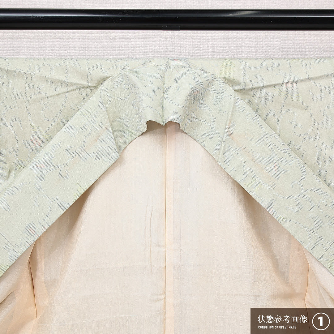 大島紬 袷 身丈157cm 裄丈62cm 正絹 Bランク インフォーマル 広衿 Mサイズ 唐草 緑系 RP 1223-15030