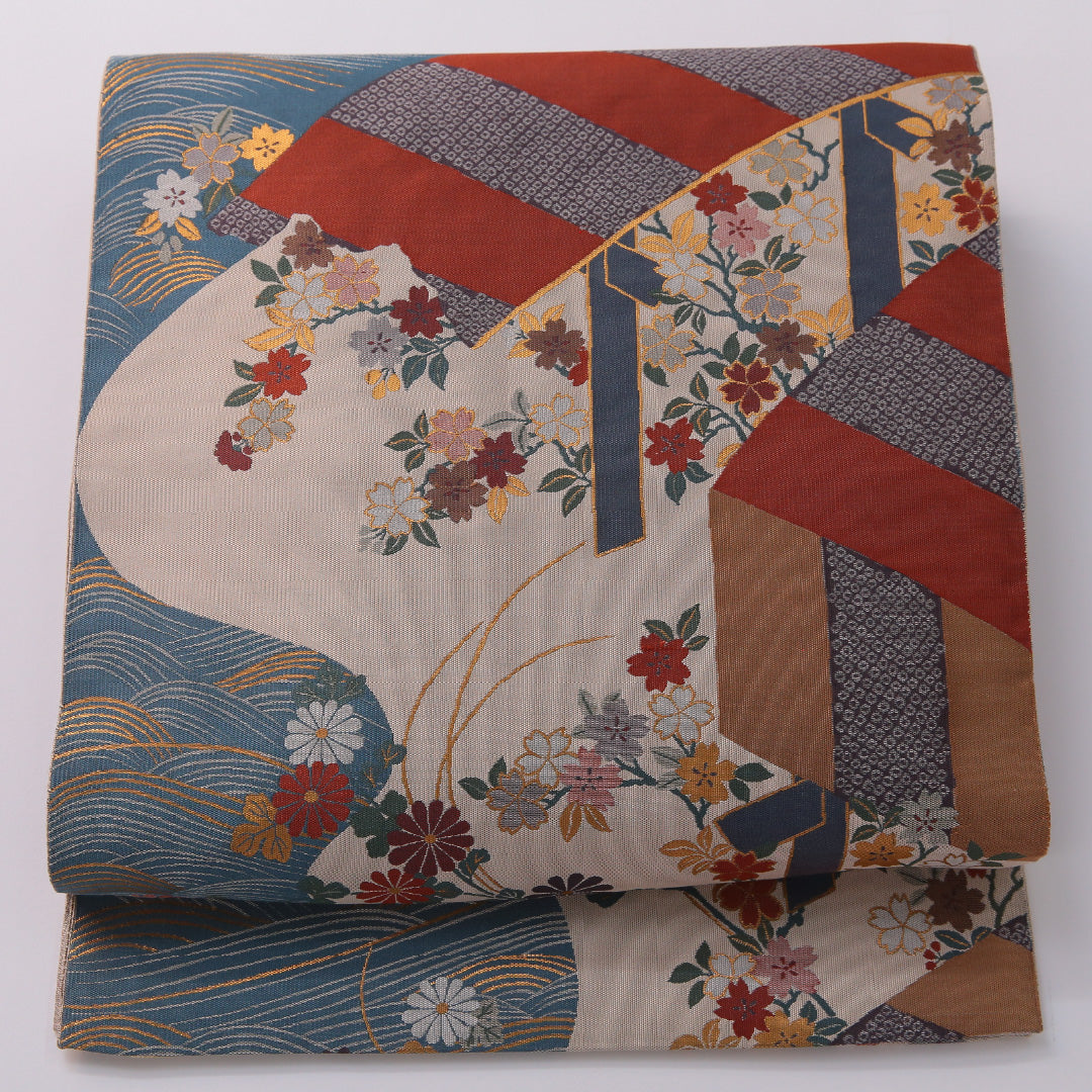 袋帯 帯丈432cm 正絹 全通 セミフォーマル 風景柄 桜 吉祥文様 多色系 1243-01932