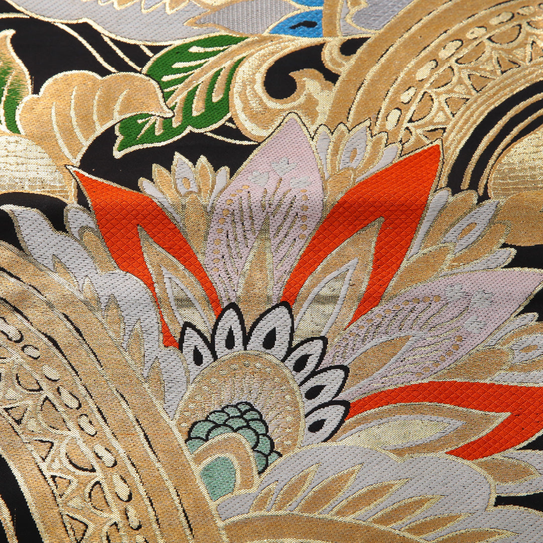 アンティーク 袋帯 帯丈412cm 六通 Aランク 正絹 植物柄 黒系 1223-01997