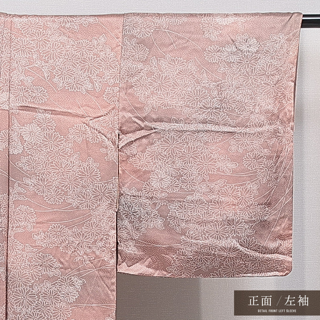 小紋 袷 身丈157cm 裄丈62cm 正絹 Cランク インフォーマル 広衿 Mサイズ 菊 ピンク系 LP 1221-15514