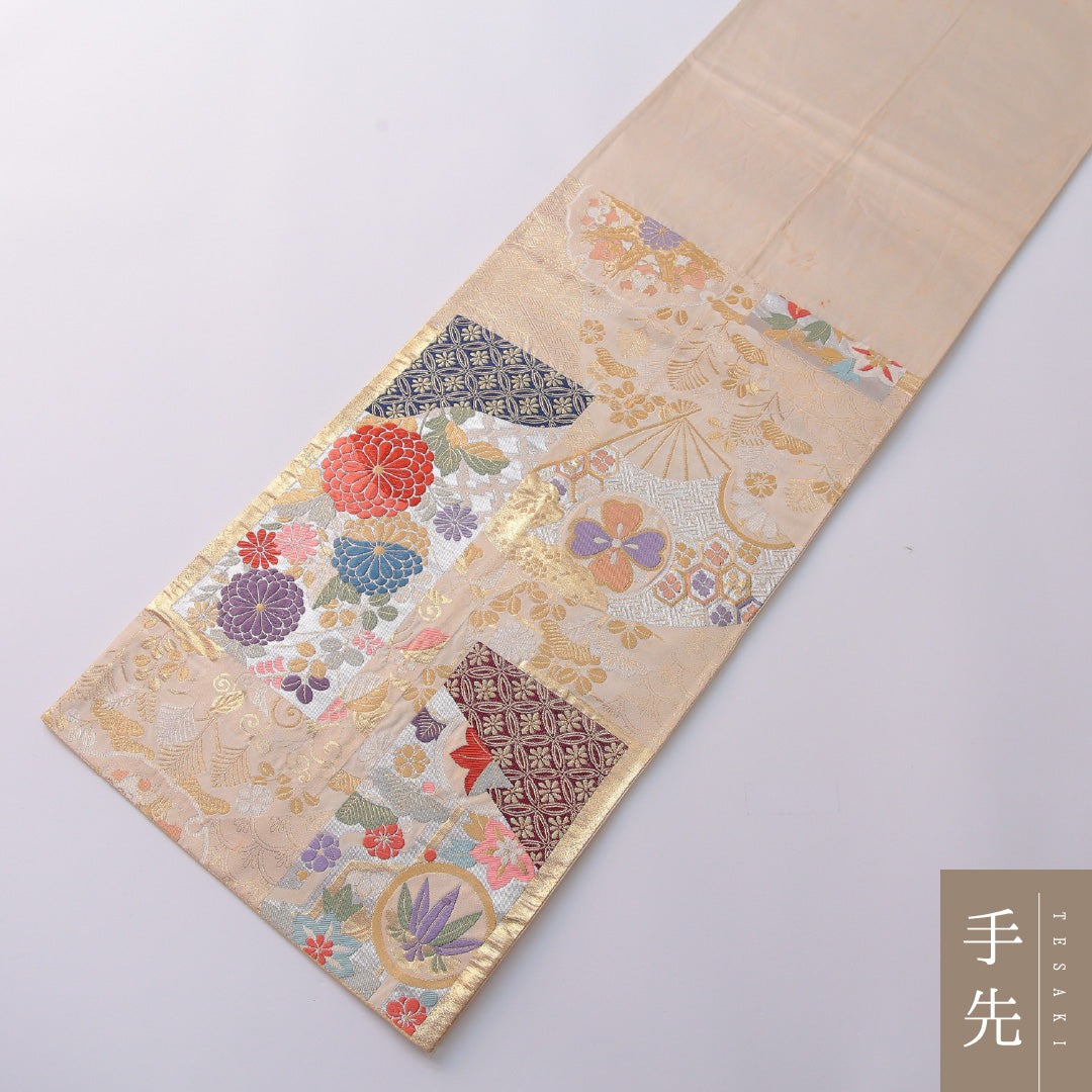 袋帯 帯丈420cm 正絹 六通 フォーマル 裂取り 金系 1243-01936