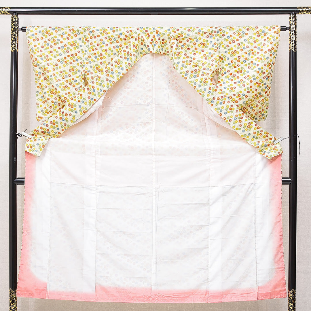 小紋 袷 身丈152cm 裄丈62cm 正絹 Sランク Sサイズ 広衿 インフォーマル 唐菊 クリーム系 1215-15104