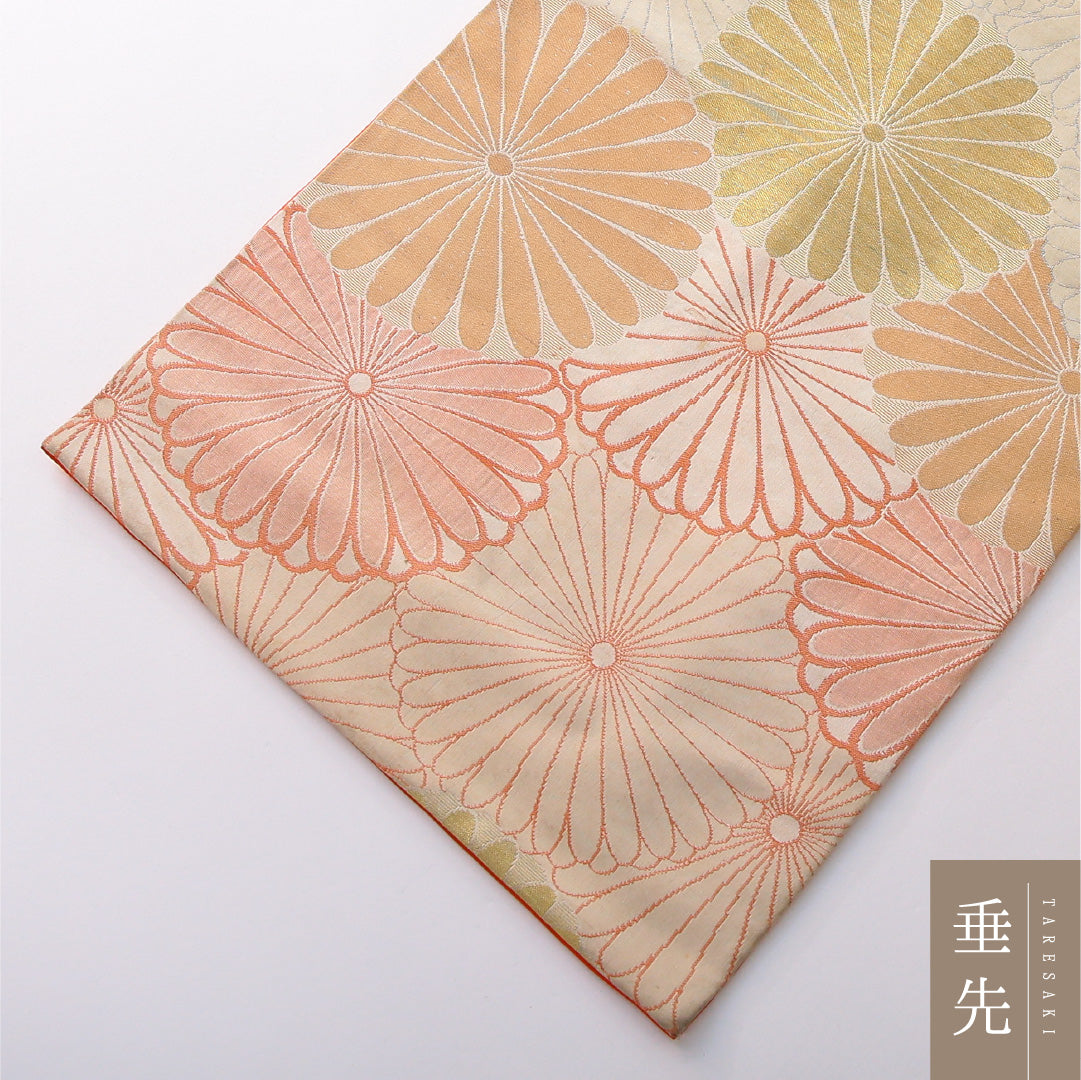 アンティーク 九寸名古屋帯 帯丈244cm 松葉仕立て 全通 Cランク 正絹 菊 クリーム系 1224-03815